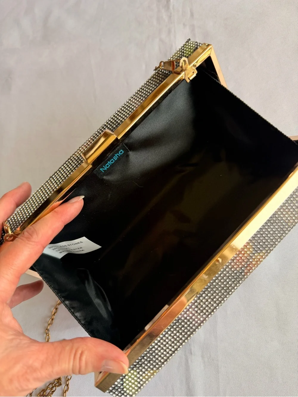 Natasha Butterfly Box Clutch with Glass Stones & Metal and Chain Strap